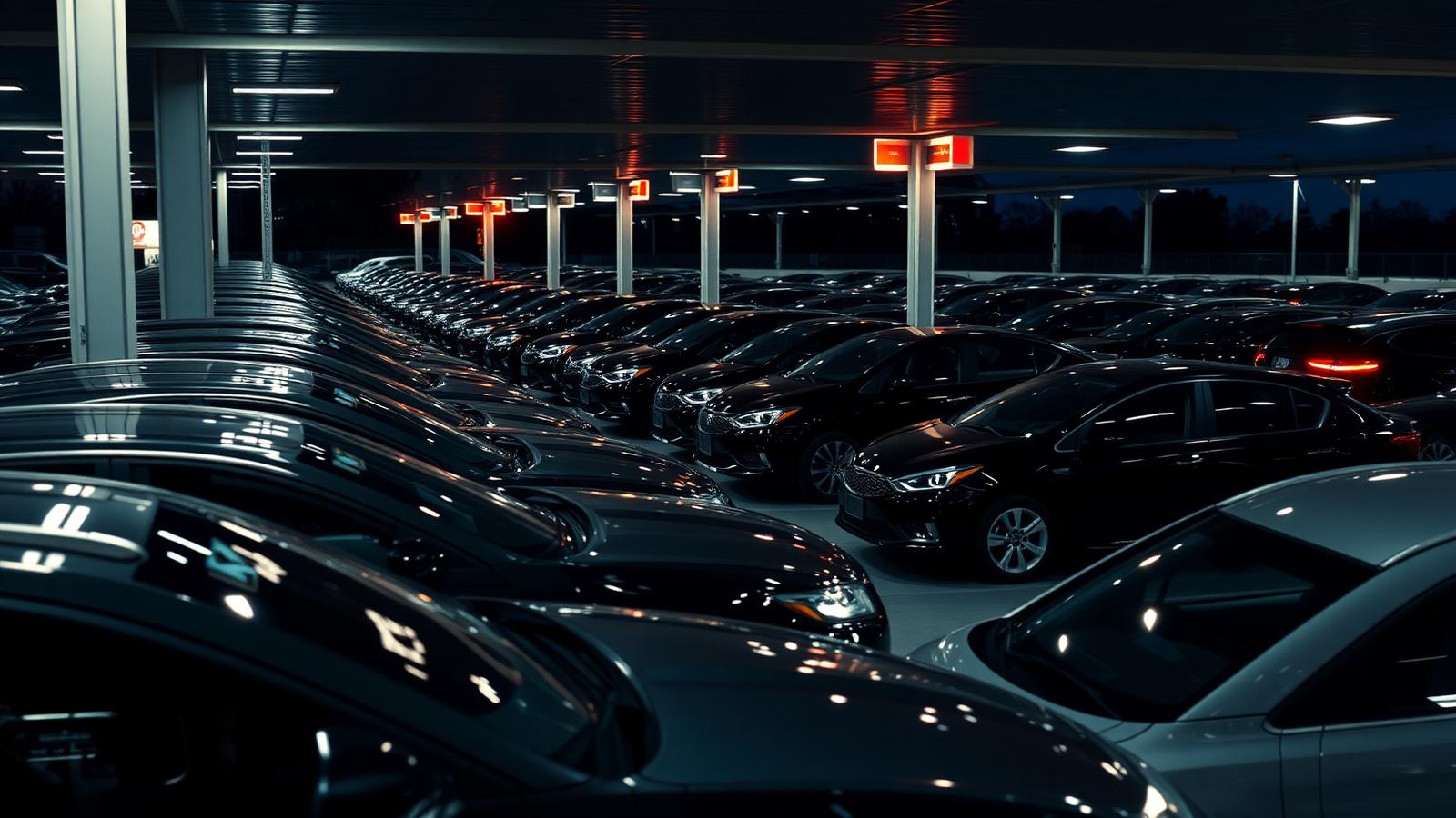 Rental cars parked in rows at a fleet depot at dusk